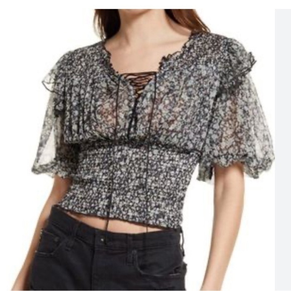 Free People Beatrice Mesh Blouse Top Floral Printed Ruffle Smocked Size M ( e5 - Picture 1 of 9